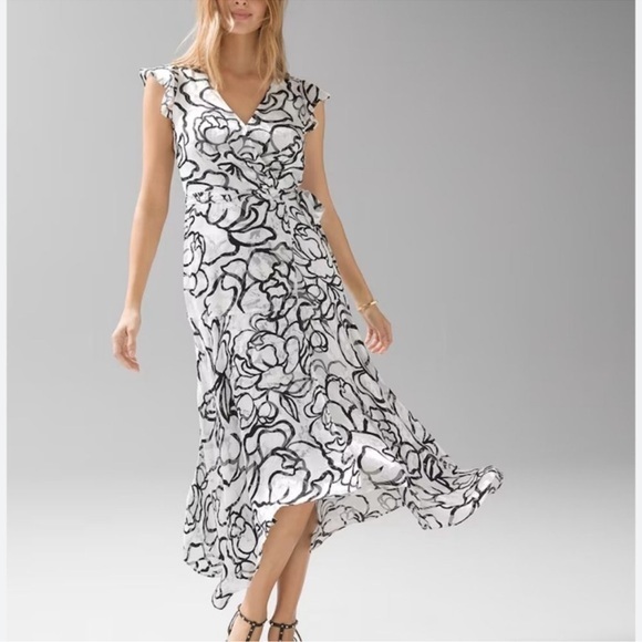 White House Black Market Dresses & Skirts - White House Black Market Black and White Satin Lined Surplice Floral MIDI Dress